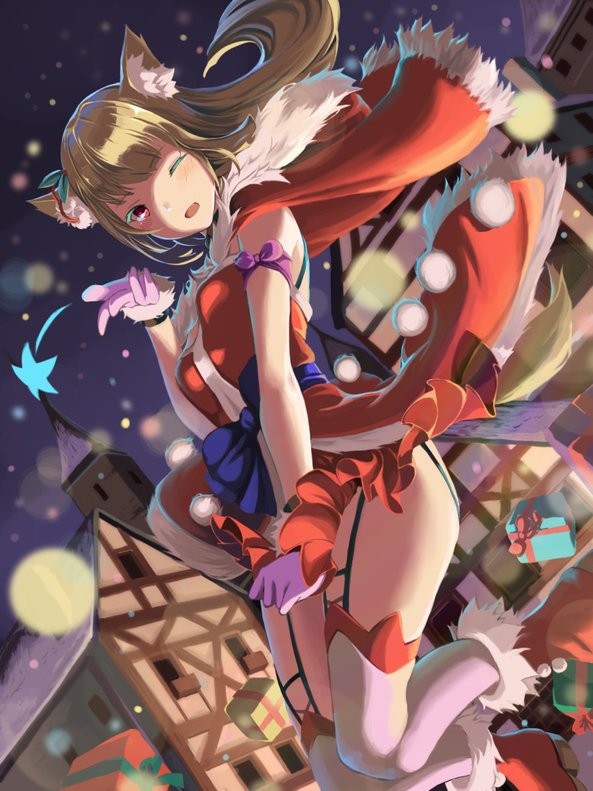 1girl :d animal_ears arm_up bangs blonde_hair blown_kiss blue_bow blush bow breasts capelet eyebrows_visible_through_hair floating_clothes floating_hair frills garter_belt garter_straps gift gloves hair_ornament highres looking_at_viewer mikisai miniskirt night no_panties one_eye_closed open_mouth original pulled_by_self purple_bow purple_gloves purple_ribbon red_eyes ribbon santa_costume sidelocks skirt small_breasts smile solo star_(symbol) thighhighs thighs