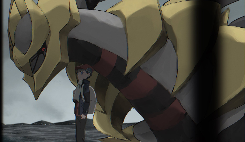 1boy arm_at_side asagiri_kogen backpack bag black_pants gen_4_pokemon giratina giratina_(origin) grey_bag grey_eyes grey_scarf hat highres holding_strap jacket legendary_pokemon long_sleeves looking_to_the_side lucas_(pokemon) male_focus outdoors pants pokemon pokemon_(creature) pokemon_(game) pokemon_dppt pokemon_platinum red_headwear scarf short_hair