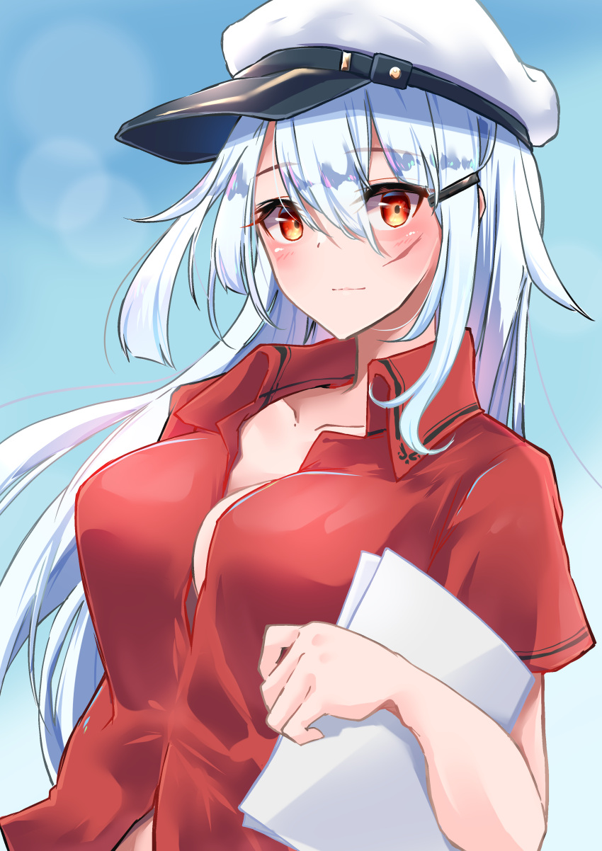 1girl absurdres blue_sky breasts cloud collarbone commentary_request gangut_(kantai_collection) hat highres kantai_collection komb long_hair medium_breasts open_clothes paper peaked_cap red_eyes red_shirt scar scar_on_face shirt short_sleeves silver_hair sky solo upper_body white_headwear