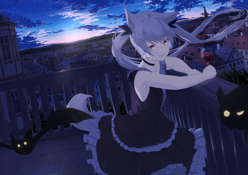 1girl absurdres alcohol animal_ears bangs bat bow choker dress drink eyebrows_visible_through_hair frills grey_hair grey_tail hair_between_eyes hair_bow highres holding holding_drink long_hair looking_at_viewer mikisai open_mouth original red_eyes sidelocks sky solo sunrise tail twintails wine yellow_eyes