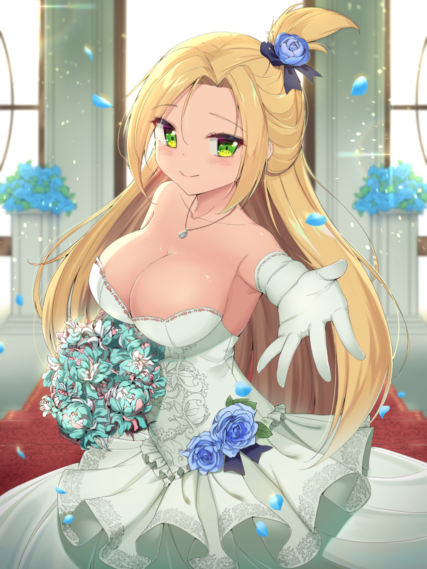 blonde_hair blue_flower bouquet breasts bridal_gauntlets bride cardfight!!_vanguard dress dress_flower flower gauntlets green_eyes green_flower hair_flower hair_ornament hand_out highres jewelry jungki_dr lace large_breasts long_hair looking_at_viewer pendant petals round_breasts smile tatsunagi_kourin wedding wedding_dress white_dress