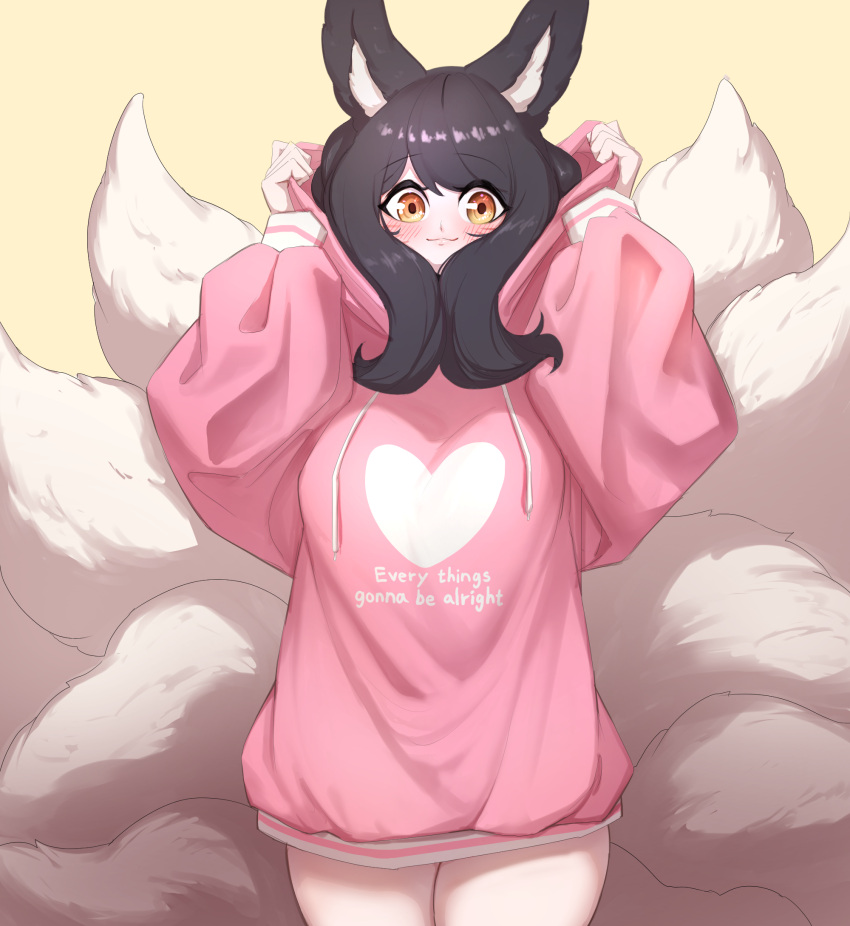 &lt;3 ahri_(lol) animal_humanoid baggy_clothing big_ears black_body black_fur black_hair blush canid canid_humanoid canine canine_humanoid clothing english_text engrish eyebrow_through_hair eyebrows facial_markings female fox_humanoid fur hair head_markings hi_res hoodie humanoid inner_ear_fluff league_of_legends long_hair looking_at_viewer mammal mammal_humanoid markings multi_tail raised_arms riot_games shadow simple_background solo standing text topwear translucent translucent_hair tuft video_games white_body white_fur yabby yellow_background yellow_eyes