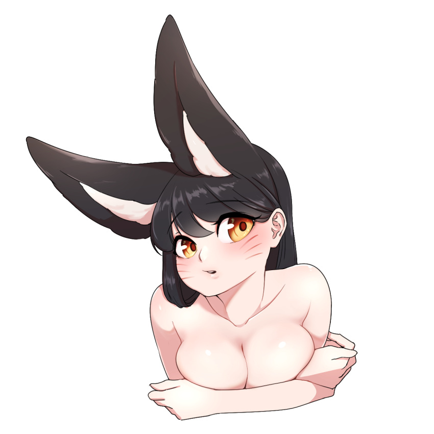 5_fingers ahri_(lol) animal_humanoid big_breasts big_ears black_body black_fur black_hair breasts bust_portrait canid canid_humanoid canine canine_humanoid cleavage clothed clothing crossed_arms eyebrow_through_hair eyebrows facial_markings female fingers fox_humanoid fur hair head_markings hi_res humanoid inner_ear_fluff league_of_legends long_hair looking_side mammal mammal_humanoid markings multi_ear nude open_mouth portrait riot_games simple_background solo teeth translucent translucent_hair tuft video_games white_background white_body white_skin yabby yellow_eyes