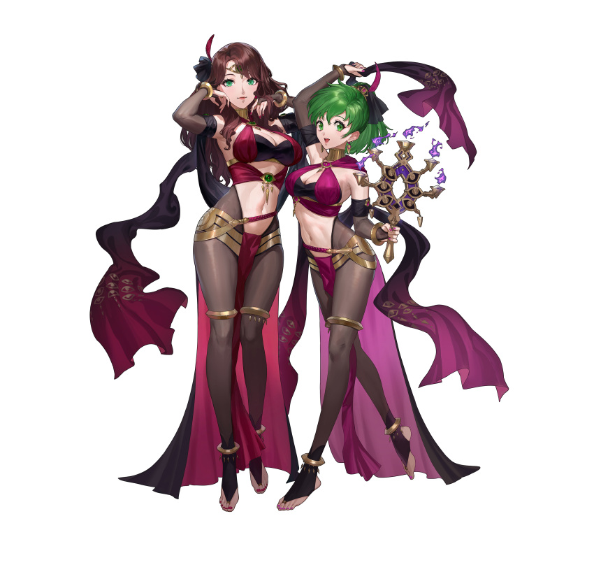 2girls absurdres arm_up bangs bodysuit breasts brown_hair cleavage closed_mouth commentary_request dorothea_arnault earrings ekao feathers fingernails fire_emblem fire_emblem:_genealogy_of_the_holy_war fire_emblem:_three_houses fire_emblem_heroes full_body gradient gradient_clothes green_eyes green_hair hair_ornament hands_up highres holding jewelry large_breasts lene_(fire_emblem) lips loincloth long_hair looking_at_viewer midriff multiple_girls nail_polish navel official_art open_mouth open_toe_shoes pelvic_curtain revealing_clothes shiny shiny_clothes shiny_hair simple_background skin_tight smile standing tiara tied_hair toes white_background