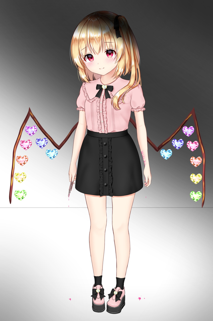 1girl absurdres alternate_costume ankle_socks bangs black_legwear black_neckwear black_ribbon black_skirt blonde_hair blood blood_drip blush boxcutter breasts brooch commentary_request crying crying_with_eyes_open cuts eyebrows_visible_through_hair flandre_scarlet full_body gradient gradient_background grey_background hair_ribbon highres injury jewelry looking_at_viewer no_hat no_headwear nyanyanoruru one_side_up pink_footwear pink_shirt platform_footwear puffy_short_sleeves puffy_sleeves red_eyes ribbon self-mutilation shiny shiny_hair shirt shoe_ribbon short_hair short_sleeves skirt small_breasts smile solo standing tears touhou wings