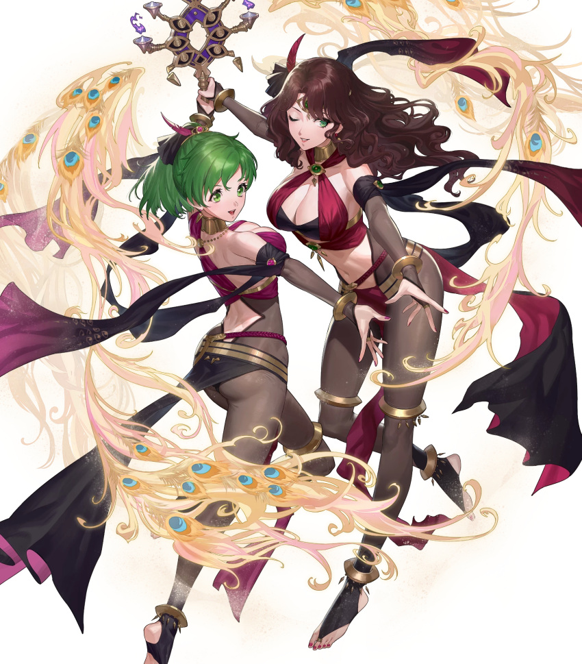 2girls ass bangs bodysuit breasts brown_hair cleavage criss-cross_halter dorothea_arnault ekao feathers fingernails fire_emblem fire_emblem:_genealogy_of_the_holy_war fire_emblem:_three_houses fire_emblem_heroes full_body green_eyes green_hair hair_ornament halterneck highres holding jewelry large_breasts leg_up lene_(fire_emblem) lips loincloth long_hair looking_away midriff multiple_girls nail_polish navel official_art one_eye_closed open_mouth open_toe_shoes pelvic_curtain revealing_clothes shiny shiny_clothes shiny_hair skin_tight smile stomach tied_hair toes transparent_background