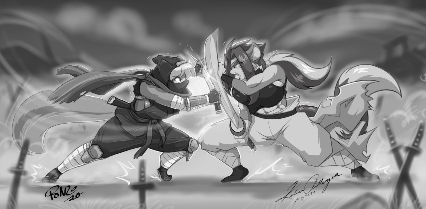 absurd_res anthro clothing cloud duel duo female fight greyscale hi_res male male/female mammal mastergodai melee_weapon monochrome ninja quick_bourne rascals rodent samurai scarf sciurid shonuff sword torn_clothing warrior weapon webcomic webcomic_character wind