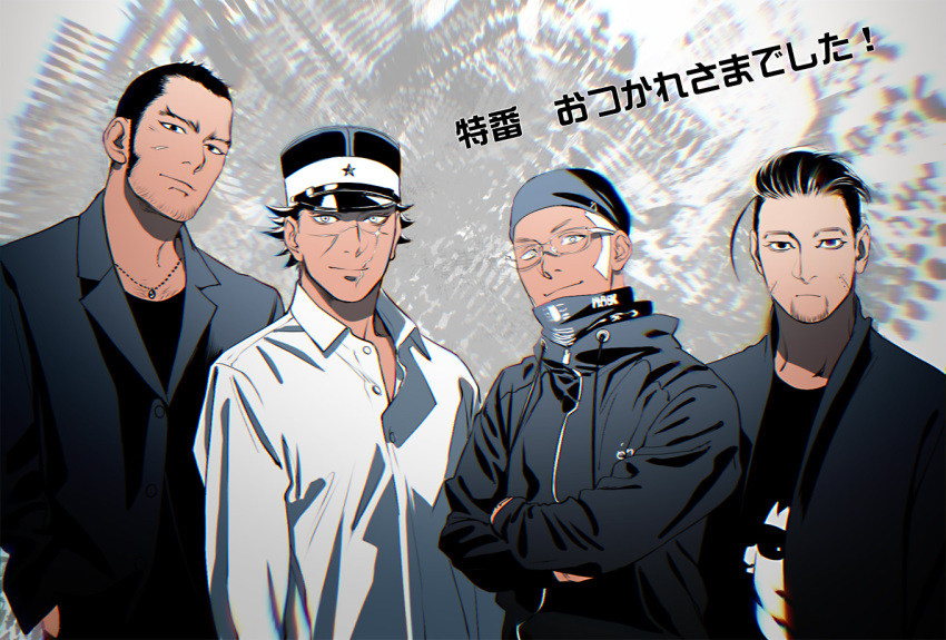 4boys alternate_costume beanie black_eyes black_hair buzz_cut casual chest_hair facial_hair goatee golden_kamuy grey_hair hair_slicked_back hair_strand hat male_focus multiple_boys ogata_hyakunosuke scar scar_on_cheek scar_on_face scar_on_nose shiraishi_yoshitake shirt short_hair sideburns simple_background smile spiked_hair stubble sugimoto_saichi tanigaki_genjirou translation_request undercut very_short_hair vest w55674570w white_shirt