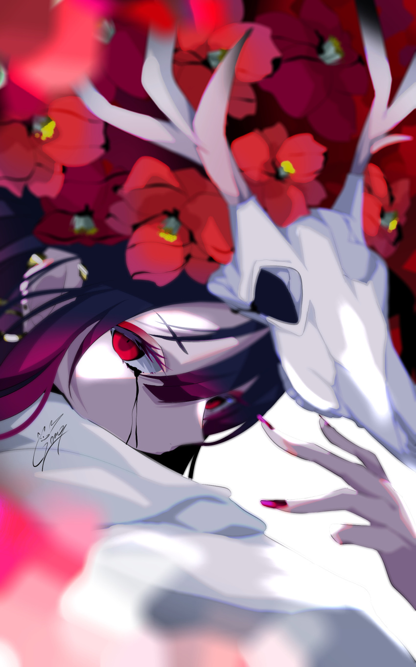 1girl absurdres animal_skull black_hair black_tears camellia close-up crying flower goma_irasuto gradient_hair hair_between_eyes hair_flower hair_ornament highres multicolored_hair original red_eyes red_flower red_hair red_nails signature skull solo