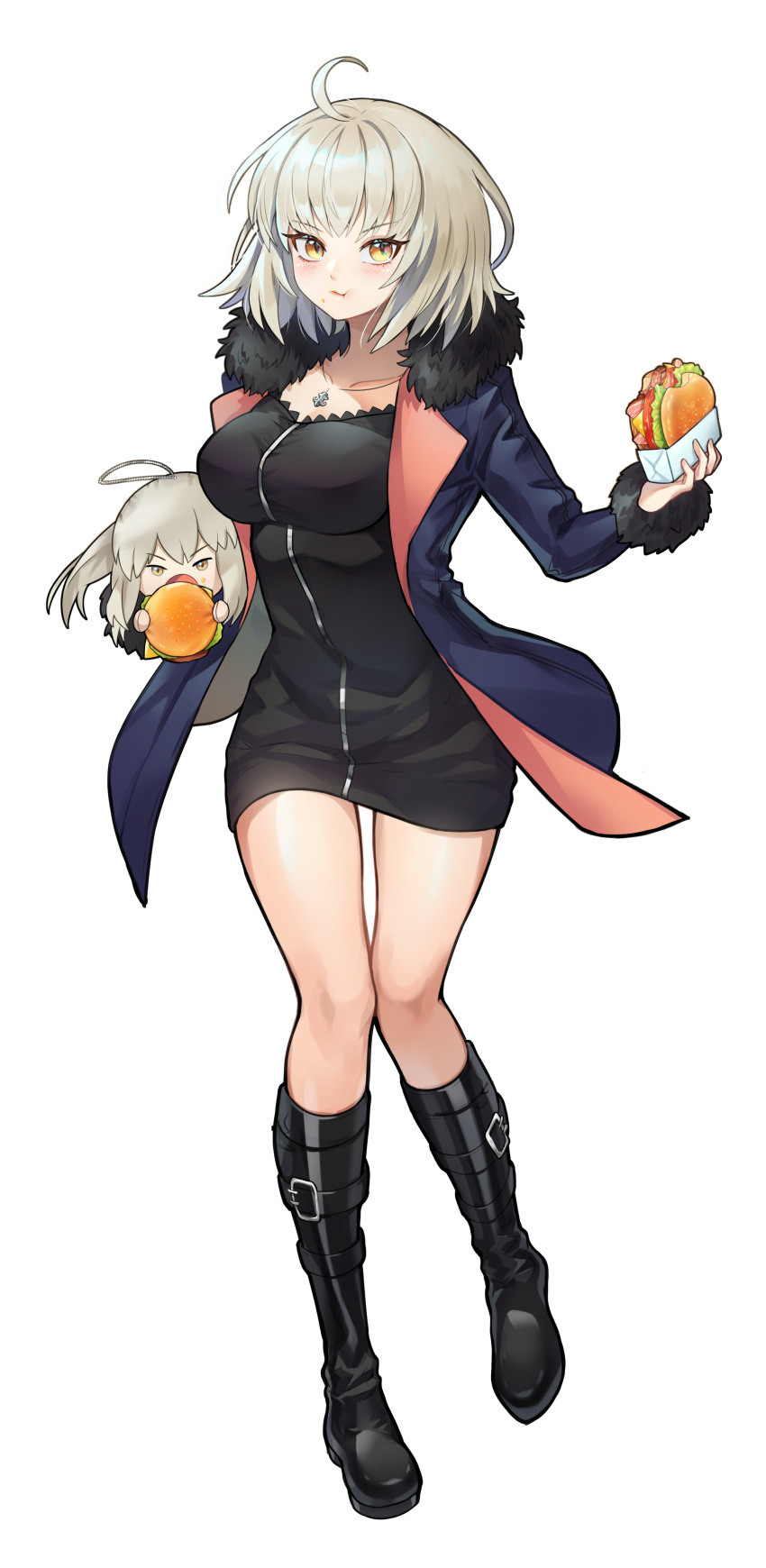 2girls absurdres artoria_pendragon_(all) bangs black_dress black_footwear blue_coat blush boots breasts chibi coat dress eating fate/grand_order fate/stay_night fate_(series) food full_body fur-trimmed_coat fur_trim hamburger highres jeanne_d'arc_(alter)_(fate) jeanne_d'arc_(fate)_(all) jet_black_king_of_knights_ver._shinjuku_1999 knee_boots laon large_breasts long_hair long_sleeves looking_at_viewer multiple_girls open_clothes open_coat saber_alter short_dress short_hair silver_hair simple_background white_background wicked_dragon_witch_ver._shinjuku_1999 yellow_eyes