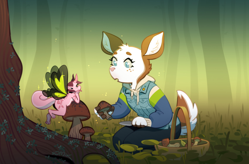 anthro arm_markings basket black_sclera blep blue_clothing brown_body brown_fur cervid cervine clothed clothing confused_look duo ette_(lazybuw) fairy female flower fog forest forest_background freckles fungus fur hair hoodie horn inner_ear_fluff insect_wings kobold leg_markings mammal markings mushroom nature nature_background nude pink_hair pink_markings plant scales scut_tail short_hair side_view size_difference snout somik sparkles thick_thighs tongue tongue_out topwear tree tuft vest white_body white_fur wings