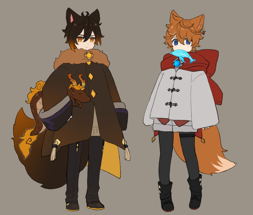 2boys animal_ears bangs black_hair blue_eyes boots brown_hair child closed_mouth coat dragon earrings eastern_dragon fish fur fur-trimmed_coat fur_trim genshin_impact grey_background hair_between_eyes highres jacket jewelry long_hair long_pants long_sleeves looking_at_viewer male_focus marimo_jh multicolored_hair multiple_boys orange_hair pants rex_lapis_(genshin_impact) scarf simple_background single_earring stuffed_toy tagme tail tartaglia_(genshin_impact) tassel vision_(genshin_impact) yellow_eyes younger zhongli_(genshin_impact)