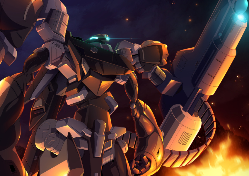 blue_eyes clenched_hand embers explosion fire gamiani_zero glowing glowing_eyes highres looking_up mark_vier mecha no_humans science_fiction shoulder_cannon solo soukyuu_no_fafner