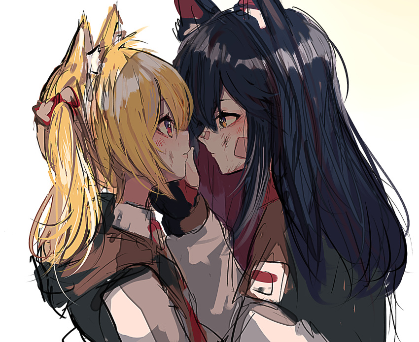 2girls animal_ear_fluff animal_ears arknights bandaid bandaid_on_face bandaid_on_nose black_capelet black_gloves black_hair blonde_hair brown_eyes capelet closed_mouth eye_contact fingerless_gloves from_side gloves gomiyama hand_on_another's_cheek hand_on_another's_face highres injury long_sleeves looking_at_another multicolored_hair multiple_girls parted_lips profile red_eyes red_hair simple_background sketch sora_(arknights) texas_(arknights) twintails two-tone_hair upper_body white_background wolf_ears wolf_girl