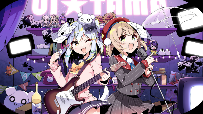 1boy 5girls arato_asato character_doll character_request commentary_request electric_guitar fang guitar highres indie_virtual_youtuber instrument inuyama_tamaki looking_at_viewer microphone multiple_girls music one_eye_closed open_mouth otoko_no_ko roki_(vocaloid) shigure_ui_(vtuber) singing television umbrella virtual_youtuber