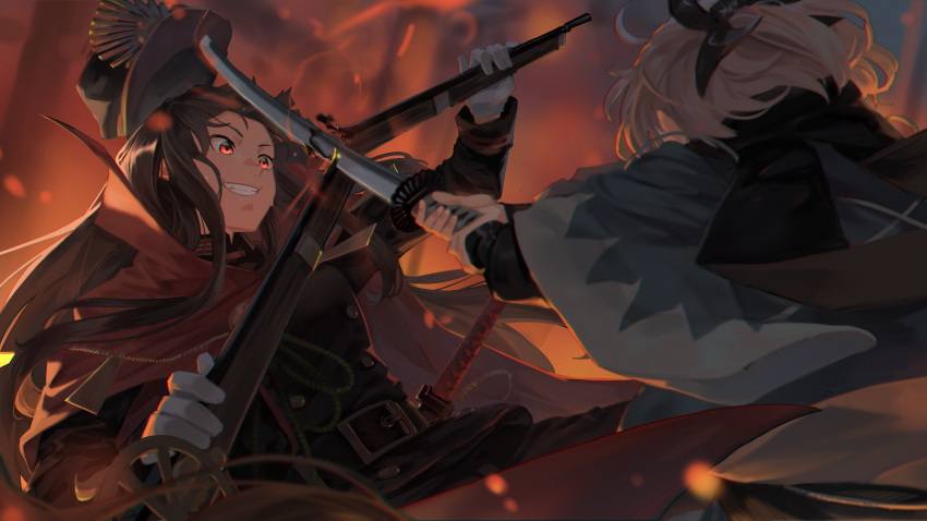 2girls ahoge battle belt black_hair blocking broken broken_weapon cape fate/grand_order fate_(series) gloves grin gun haori hat highres japanese_clothes jhc_kai katana long_hair multiple_girls musket oda_nobunaga_(fate) oda_nobunaga_(fate)_(all) okita_souji_(fate) okita_souji_(fate)_(all) red_eyes scarf smile sweat sword weapon white_gloves wide_sleeves