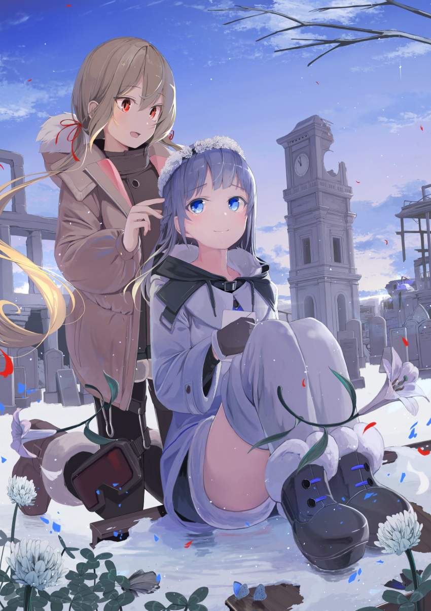 2girls absurdres bangs blonde_hair blue_eyes blue_hair blush boots clock clock_tower closed_mouth cover cover_page dengeki_bunko eyebrows_visible_through_hair floating_hair flower grave hair_between_eyes highres holding holding_letter kneeling letter long_hair long_sleeves looking_at_another mikisai multiple_girls novel_cover novel_illustration official_art open_mouth red_eyes red_ribbon ribbon sidelocks sitting smile tower winter yuri