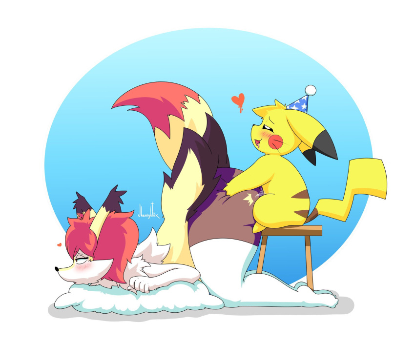 anthro beeb braixen clothing duo female fur furniture hana_(jhenightfox) hat head_down_ass_up headgear headwear hi_res jhenightfox looking_pleasured male male/female nintendo party_hat pikachu pok&eacute;mon pok&eacute;mon_(species) size_difference stool video_games whiskers