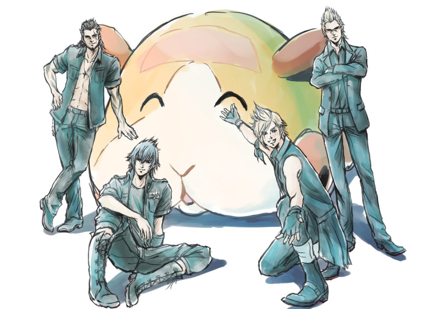 4boys black_hair black_jacket blonde_hair boots brown_hair cross-laced_footwear crossed_arms crossover final_fantasy final_fantasy_xv gladiolus_amicitia glasses gloves guinea_pig ignis_scientia jacket jewelry knee_boots looking_at_viewer male_focus multiple_boys necklace noctis_lucis_caelum open_mouth pose potato_(pui_pui_molcar) prompto_argentum pui_pui_molcar raibellchiori shirt simple_background smile spiked_hair