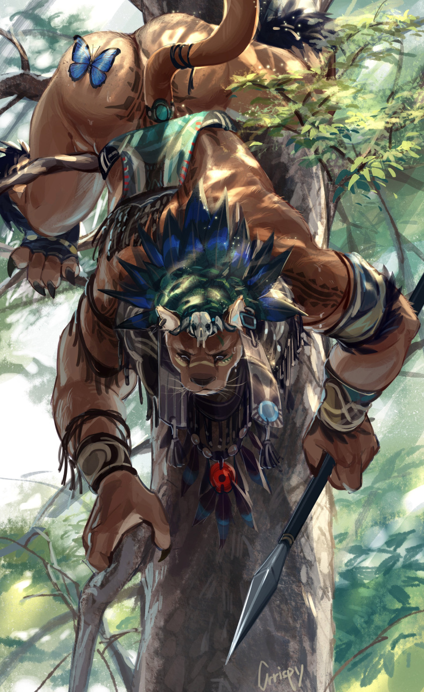 absurd_res anthro anus arthropod biceps bottomless butt butterfly claws climbing climbing_tree clothed clothing cougar crrispy_shark felid feline headdress hi_res hunter insect lepidopteran male mammal markings melee_weapon muscular muscular_anthro muscular_male plant polearm solo spear tree tribal tribal_markings warrior weapon