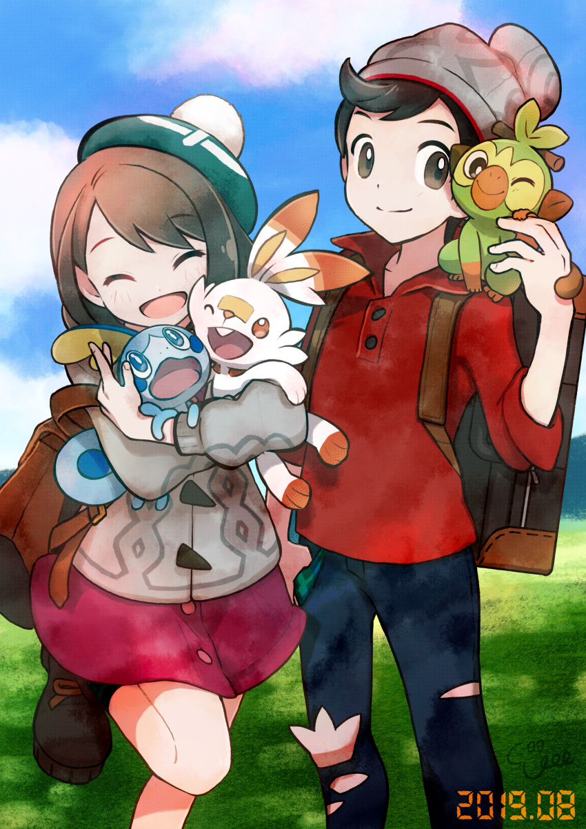 1boy 1girl absurdres backpack bag bangs beanie blush boots brown_bag brown_eyes brown_footwear brown_hair buttons cable_knit cardigan closed_eyes closed_mouth cloud commentary_request coogee day denim dress eyebrows_visible_through_hair gen_8_pokemon gloria_(pokemon) green_headwear grey_cardigan grey_headwear grookey hat highres holding holding_pokemon huge_filesize jeans leg_up on_shoulder open_mouth outdoors pants pink_dress plaid pokemon pokemon_(creature) pokemon_(game) pokemon_on_shoulder pokemon_swsh red_shirt scorbunny shirt sky sleeves_rolled_up smile sobble standing starter_pokemon_trio suitcase swept_bangs tam_o'_shanter torn_clothes torn_jeans torn_pants victor_(pokemon)