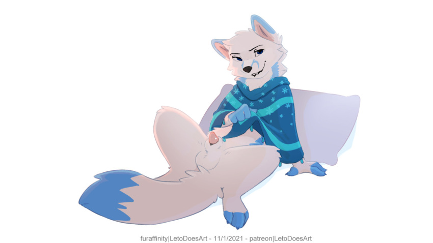 animal_genitalia animal_penis arctic_fox balls blue_eyes bottomless canid canine canine_penis clothed clothing fox fur genitals leto_(letodoesart) letodoesart male mammal penis penis_tip poncho sheath solo white_body white_fur