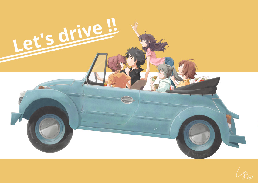 2boys 3girls absurdres black_hair blue_eyes brown_eyes brown_hair car convertible driving english_text floating_hair food french_fries ground_vehicle hamburger highres hino_miwa holding holding_food kuon_(08080018) long_hair looking_back looking_up mcdonald's mikado_reo mikagami_mimika minashiro_soushi_(2) motor_vehicle multiple_boys multiple_girls open_mouth pink_shirt red_hair shirt short_hair soukyuu_no_fafner toomi_maya vehicle_focus waving