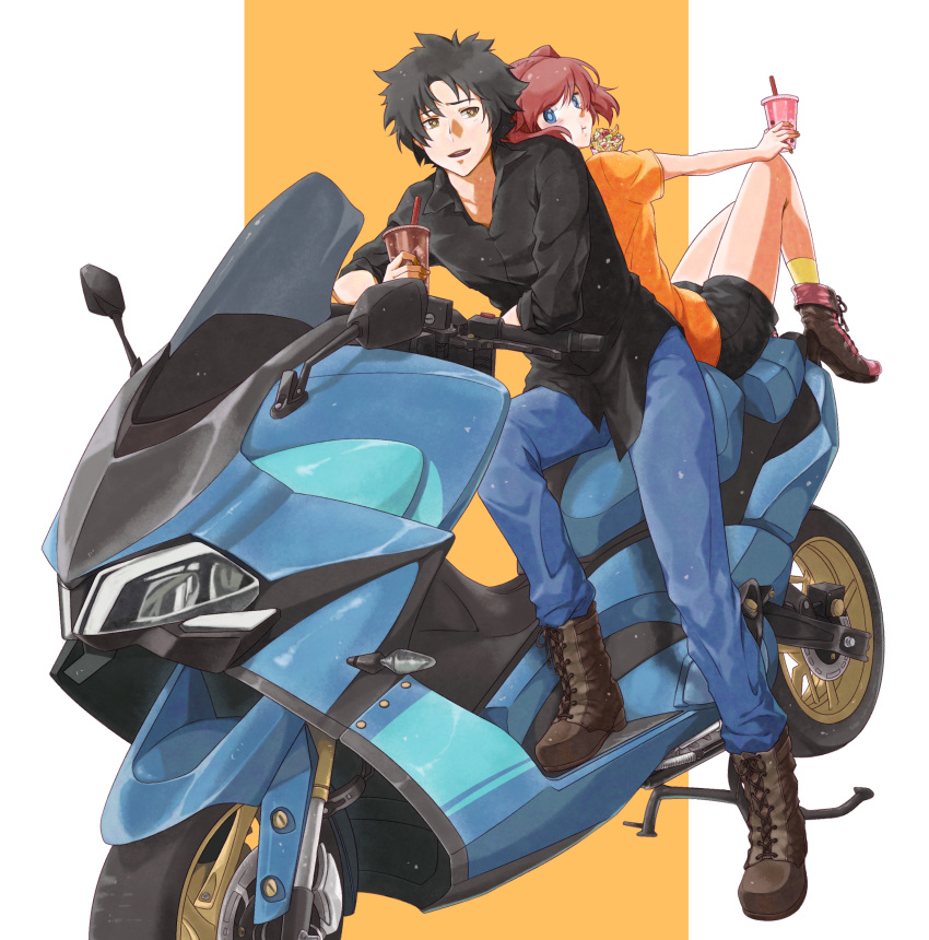 1boy 1girl absurdres back-to-back black_hair blue_eyes boots brown_eyes bubble_tea drink drinking_straw eating food ground_vehicle highres holding holding_drink holding_food kuon_(08080018) mikado_reo mikagami_mimika moped motor_vehicle open_mouth red_hair short_hair sitting soukyuu_no_fafner