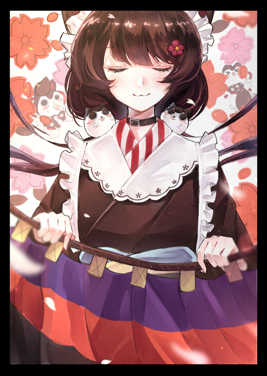 1girl :3 absurdres animal_ears bangs black_border black_eyes blush border brown_hair closed_eyes flag floating_hair flower hair_flower hair_ornament hanafuda highres inui_toko looking_up maid_headdress nijisanji open_mouth people_hitobito smile twintails virtual_youtuber wa_maid