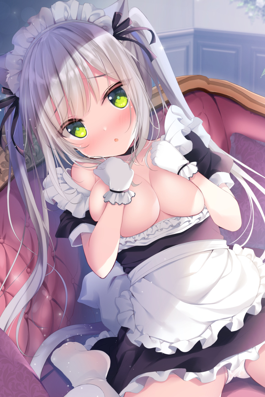 1girl :o animal_ears apron black_choker black_dress black_ribbon blush breasts cat_ears cat_girl cat_tail choker collarbone commentary_request dress frilled_apron frilled_dress frills gloves green_eyes hair_ribbon hands_up highres indoors long_hair looking_at_viewer maid maid_headdress medium_breasts nose_blush original parted_lips puffy_short_sleeves puffy_sleeves ribbon shibainu_niki short_sleeves silver_hair solo tail thighhighs twintails very_long_hair waist_apron white_apron white_gloves white_legwear