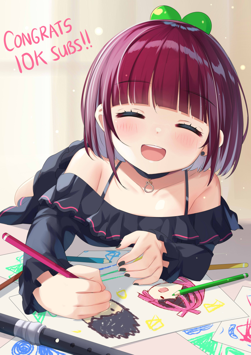 1girl absurdres bangs black_dress blunt_bangs choker closed_eyes colored_pencil congratulations curtains derem_kado drawing dress eyebrows_visible_through_hair highres holding holding_pencil ikazu401 indoors lying nagisa_arcinia nijisanji nijisanji_id on_stomach open_mouth pencil purple_hair reza_avanluna smile solo window