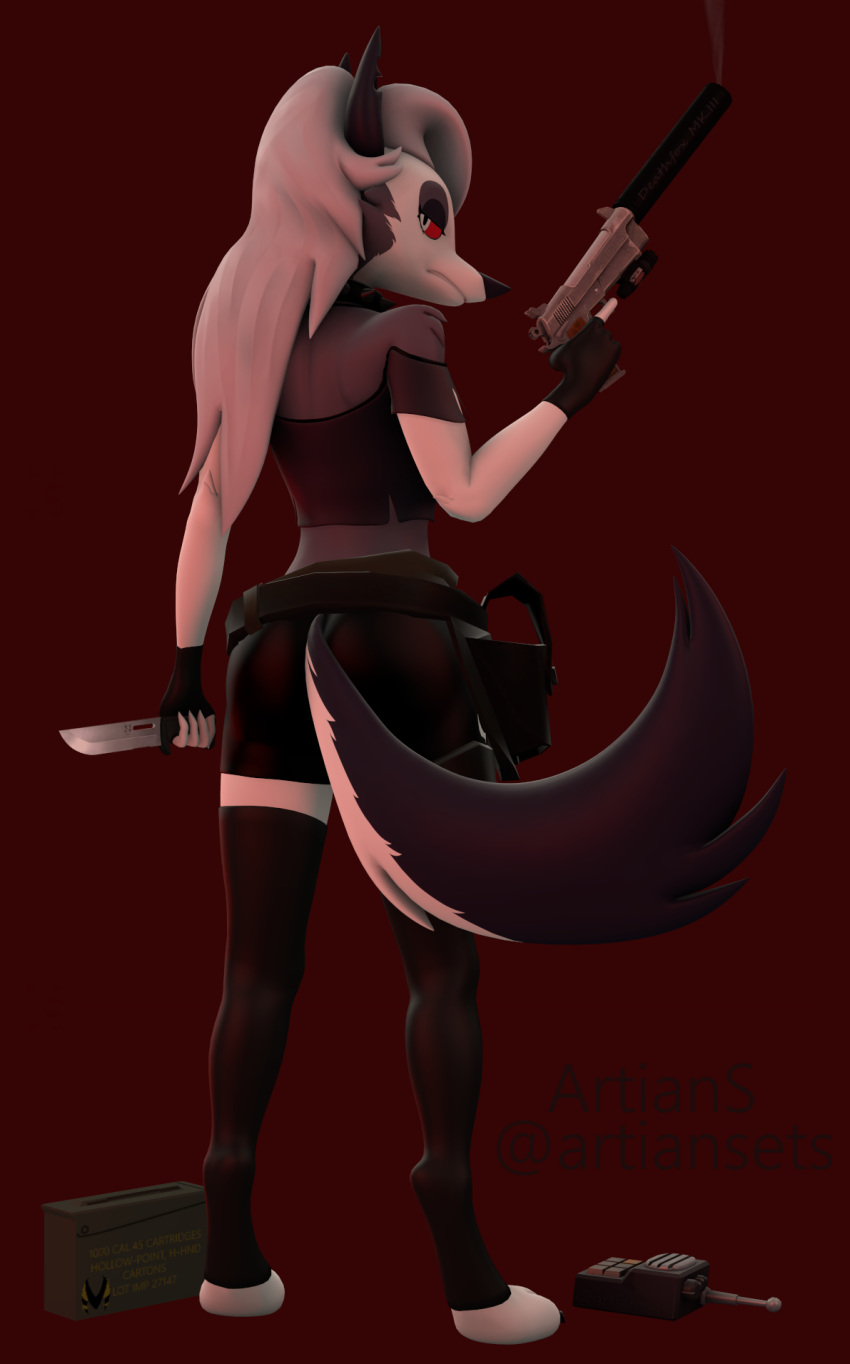 3d_(artwork) ammo_box anthro artians barefoot belt bottomwear canid canid_demon canine choker clothed clothing collar demon digital_media_(artwork) feet female fingerless_gloves fur gloves gun hair handgun handwear hellhound helluva_boss hi_res holster jewelry knife laser_sight legwear looking_back loona_(vivzmind) mammal multicolored_body multicolored_fur necklace notched_ear pistol ranged_weapon rear_view red_background red_sclera shorts silencer simple_background smoke solo source_filmmaker spiked_collar spikes standing stockings teeth torn_clothing walkie_talkie weapon white_body white_eyes white_fur white_hair
