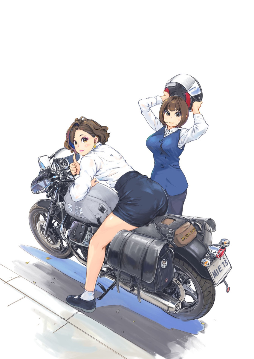 2girls ass bangs black_footwear black_skirt blue_skirt blue_vest blunt_bangs bob_cut brown_eyes brown_hair carina_(xiaowoo) closed_mouth commentary_request dress_shirt earrings eyeliner flats ground_vehicle helmet highres holding holding_helmet ishikawa_purin jewelry kishi_mieko leaning_forward long_sleeves looking_at_viewer makeup miniskirt motor_vehicle motorcycle motorcycle_helmet multiple_girls office_lady on_motorcycle onna_shunin_kishi_mieko pantylines pencil_skirt shirt short_hair simple_background single_hair_intake skirt smile socks standing thumbs_up vest wavy_hair white_background white_legwear white_shirt wing_collar