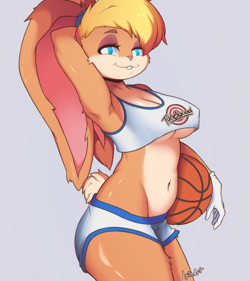 anthro ball basketball basketball_(ball) big_breasts blonde_hair blue_eyes breasts clothed clothing female fur hair half-closed_eyes hand_behind_head hi_res lagomorph leporid lola_bunny looking_at_viewer looney_tunes lyinart mammal narrowed_eyes pose rabbit simple_background smile solo standing teeth thick_thighs under_boob warner_brothers wide_hips