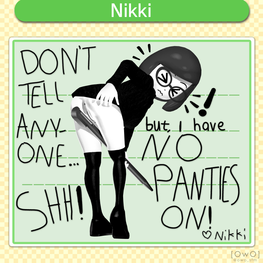 &gt;_&lt; 1girl absurdres anus ass bent_over black_legwear bob_cut closed_eyes commentary english_text from_behind glasses highres mii_(nintendo) monochrome nikki_(swapnote) no_panties owo_sfm pussy short_hair solo standing stylus swapnote sweater twitter_username uncensored watermark