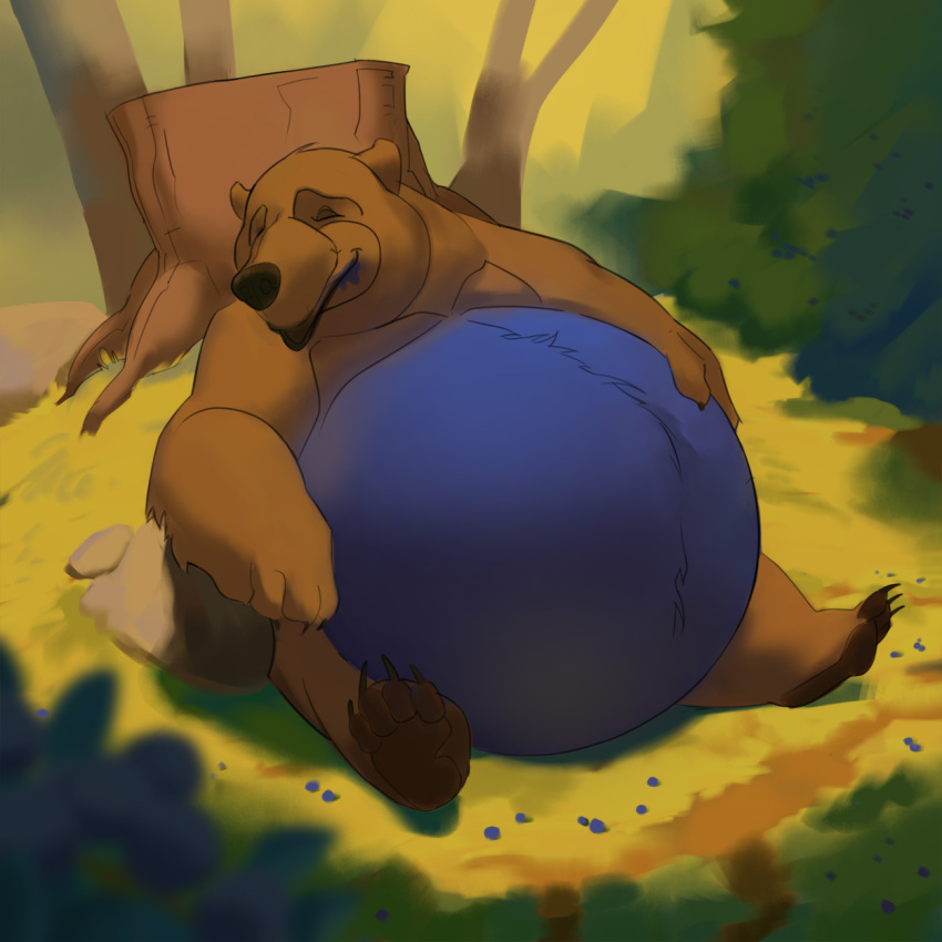 1:1 ambiguous_gender anthro belly belly_inflation big_belly blue_body blue_fur blueberry_(fruit) blueberry_inflation brown_bear brown_body brown_fur claws eyes_closed food forghetti fruit fur hand_on_stomach hi_res hyper hyper_belly inflation mammal nude obese obese_ambiguous obese_anthro outside overweight overweight_ambiguous overweight_anthro plant rock semi-anthro sitting sleeping smile solo toe_claws tree_stump ursid ursine