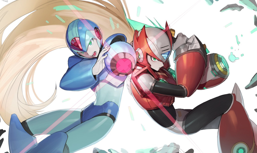 2boys aiming_at_viewer arm_cannon armor blonde_hair bodysuit breastplate chyan copyright_request debris gloves green_eyes helmet highres long_hair looking_at_viewer multiple_boys open_mouth parted_lips rockman rockman_(character) very_long_hair weapon zero_(rockman)