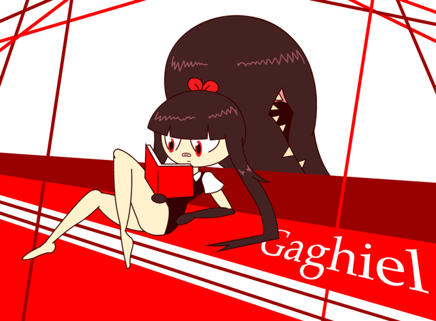 animated anthro black_hair bow clothed clothing dress female fenrik_(artist) gaghiel hair mawile nintendo pok&eacute;mon pok&eacute;mon_(species) reading red_background red_eyes short_playtime simple_background sitting solo video_games white_background