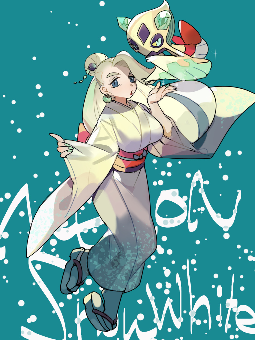 1girl alternate_costume breasts character_name commentary_request earrings floating_hair froslass gen_4_pokemon geta green_background green_nails grey_eyes hair_bun highres japanese_clothes jewelry kimono lipstick long_hair makeup mature melony_(pokemon) multicolored_hair nail_polish picube525528 pokemon pokemon_(creature) pokemon_(game) pokemon_swsh red_lips sash streaked_hair tabi wide_sleeves