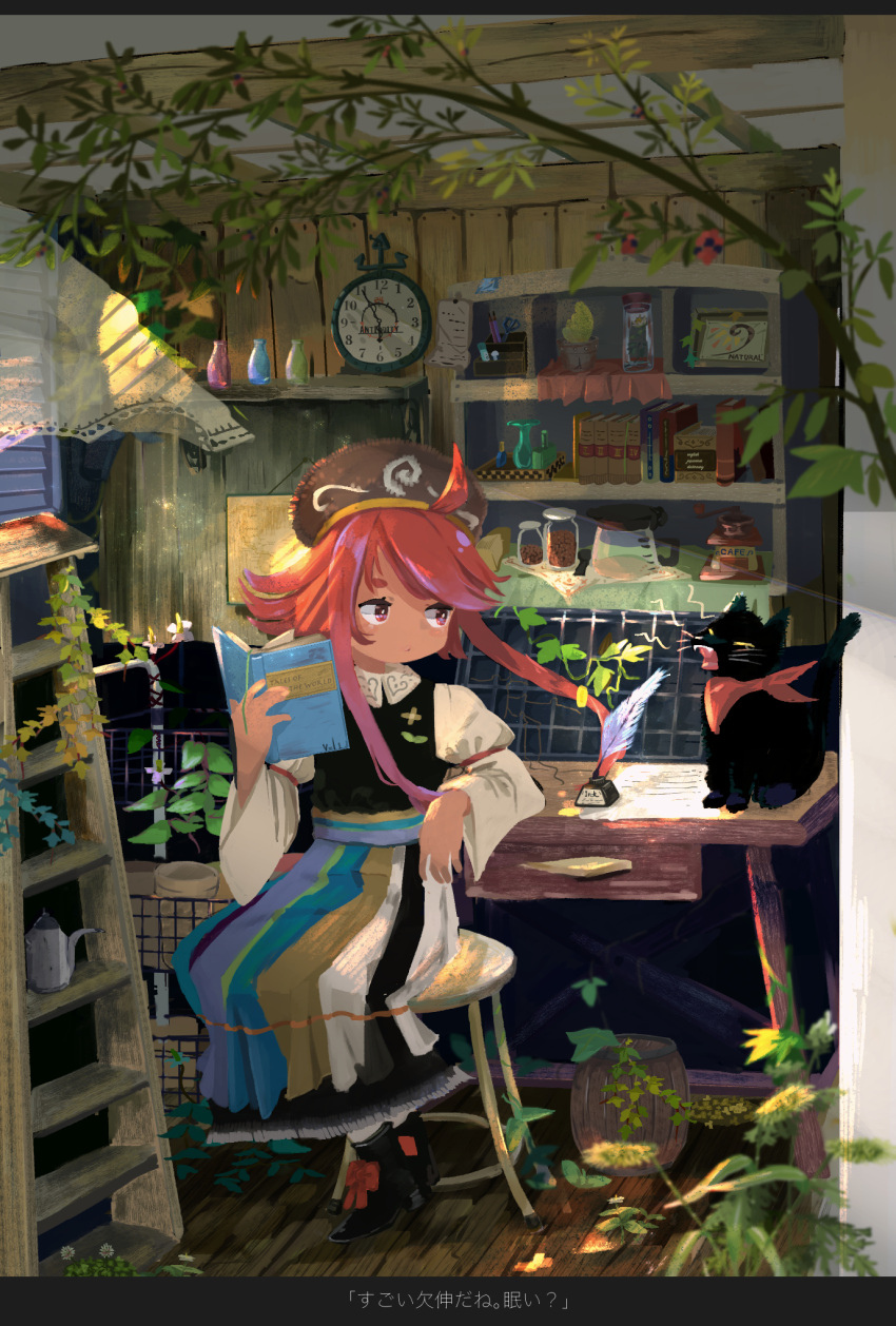 1girl book bookshelf bottle cat clock commentary_request hat highres holding holding_book indoors inkwell long_sleeves original plant quill red_eyes red_hair ryu_(17569823) short_hair_with_long_locks sitting translation_request wall_clock yawning