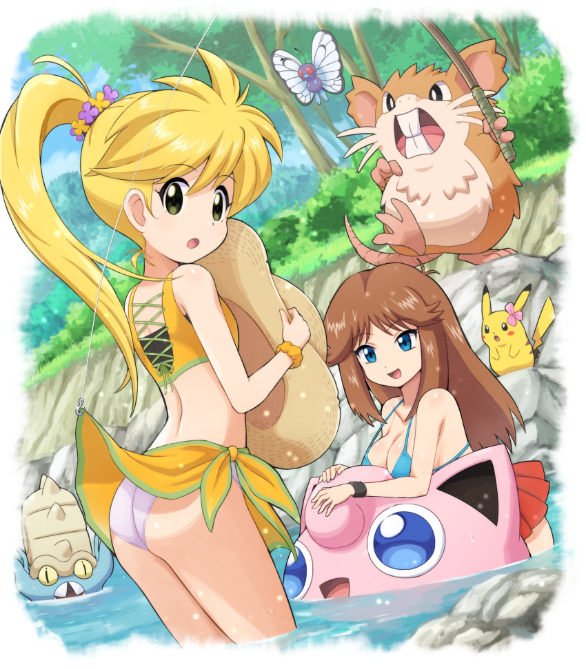 2girls :o absurdres antenna_hair arched_back ass bangs blonde_hair blue_eyes breasts brown_hair butterfree cleavage day eyebrows_visible_through_hair eyelashes fishing_hook fishing_line fishing_rod gen_1_pokemon green_(pokemon) green_eyes hat highres holding holding_clothes holding_hat jigglypuff looking_back multiple_girls omastar open_mouth outdoors pikachu pokemoa pokemon pokemon_(creature) pokemon_adventures ponytail raticate scrunchie sidelocks smile tied_hair tongue wading water wrist_scrunchie wristband yellow_(pokemon)