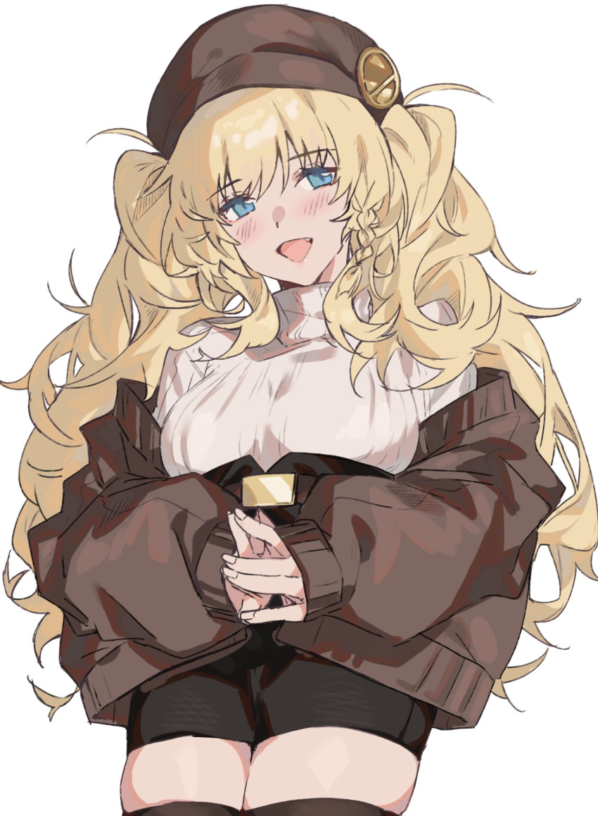 1girl :d alternate_costume aogisa bangs black_legwear black_shorts blonde_hair blue_eyes blush braid breasts brown_headwear brown_jacket eyebrows_visible_through_hair girls_frontline hair_between_eyes hands_together hat highres jacket long_hair long_sleeves looking_at_viewer messy_hair off_shoulder open_mouth s.a.t.8_(girls_frontline) short_braid short_shorts shorts side_braid simple_background smile solo standing sweater thighhighs turtleneck turtleneck_sweater upper_body white_background