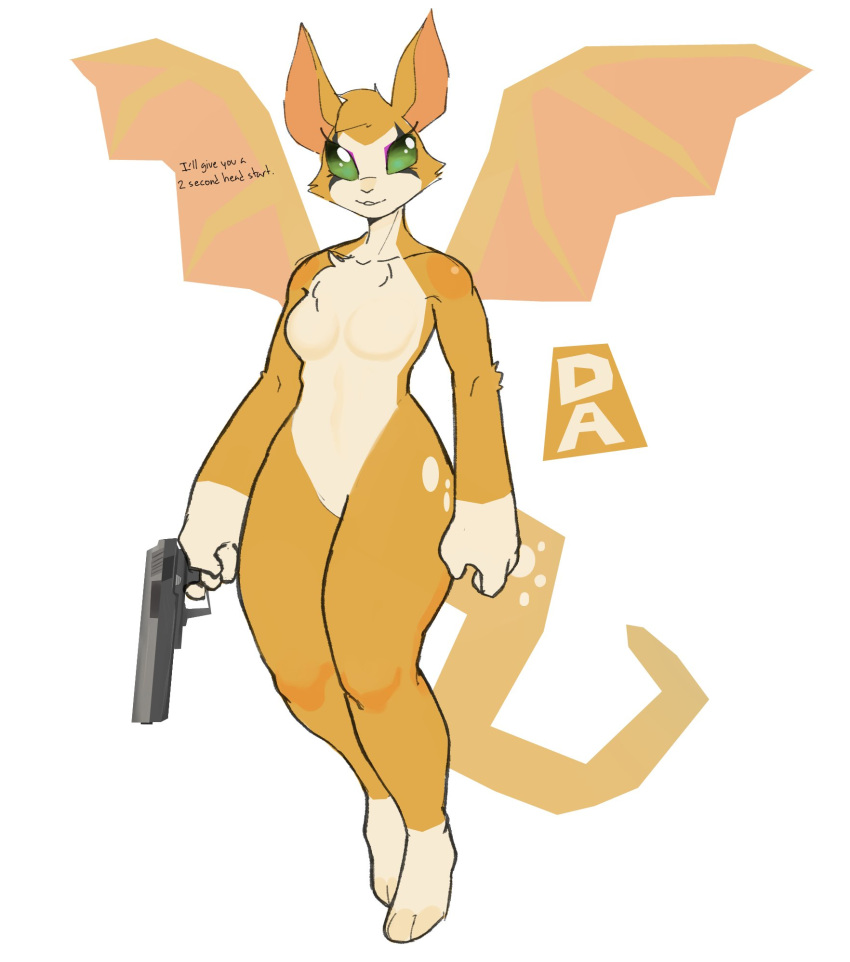 anthro breasts chiropteran dust:_an_elysian_tail featureless_breasts featureless_crotch female fidget fur goonie-san green_eyes gun handgun hi_res imp looking_at_viewer mammal nimbat pistol ranged_weapon smile smiling_at_viewer solo text threatening video_games weapon wings