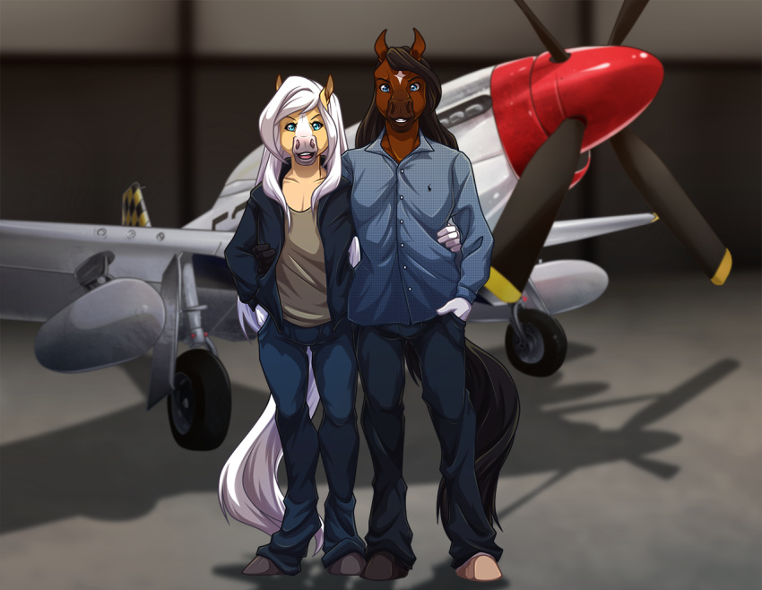 2021 aircraft airplane anthro blue_eyes breasts brown_hair clothed clothing digital_media_(artwork) equid equine eyebrows eyelashes female fingers hair hangar hooves horse lapres male mammal p-51 smile white_hair