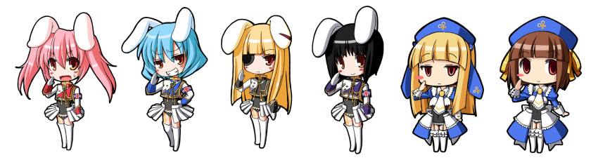 6+girls :d animal_ears black_hair blonde_hair blue_hair blue_headwear blush_stickers boots brown_hair bunny_ears chibi chiester00 chiester410 chiester45 chiester556 chiester_sisters closed_mouth cornelia_(umineko) expressionless eyebrows_visible_through_hair eyepatch fangs garter_straps gertrude_(umineko) gloves hat highres multiple_girls open_mouth orange_eyes pink_hair salute smile sweat tako_(all_delete) thigh_boots thighhighs twintails umineko_no_naku_koro_ni white_footwear