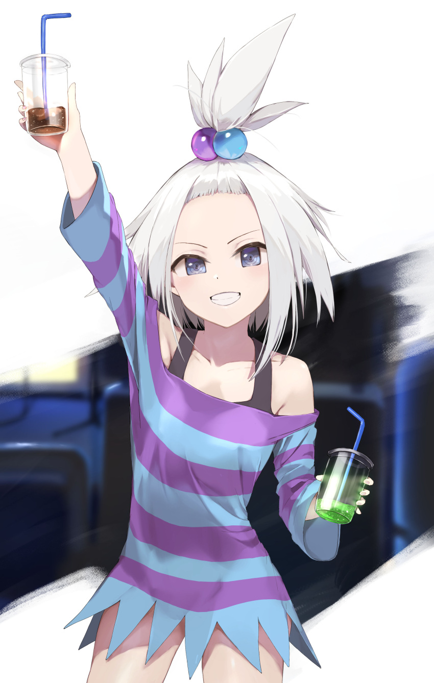 1girl absurdres blue_eyes bra_strap cup dress drinking_straw flat_chest forehead freckles futatu_hazu gym_leader hair_bobbles hair_ornament highres looking_at_viewer pokemon pokemon_(game) pokemon_bw2 roxie_(pokemon) strapless strapless_dress striped striped_dress topknot white_hair