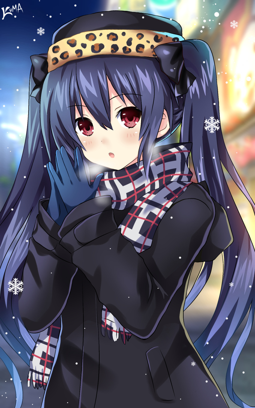 1girl alternate_costume black_hair blush breasts breath gloves hair_between_eyes hair_ribbon hat highres lewdkuma long_hair neptune_(series) noire red_eyes ribbon scarf snowflakes solo twintails very_long_hair winter_clothes