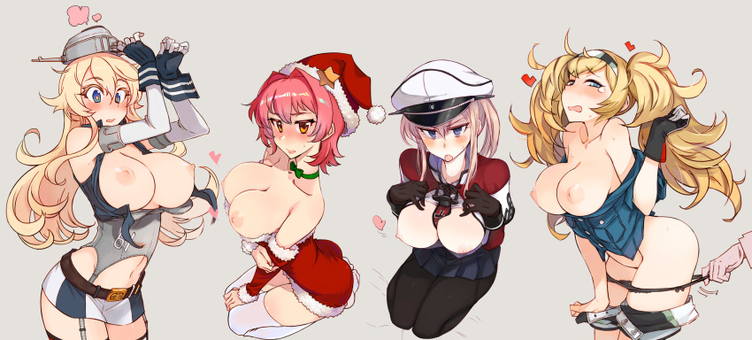 4girls :o alternate_costume areolae arms_up bangs belt between_breasts black_bra black_gloves black_legwear black_panties blonde_hair blue_eyes blue_shirt blush bra breast_pocket breasts breasts_outside christmas cleavage collared_shirt commentary_request dress elbow_gloves eyebrows_visible_through_hair fingerless_gloves from_above fur_trim gambier_bay_(kantai_collection) garter_straps gloves graf_zeppelin_(kantai_collection) grey_background hair_between_eyes hairband hat headgear heart highres iowa_(kantai_collection) kantai_collection kinu_(kantai_collection) kusanagi_tonbo large_breasts long_hair looking_at_viewer military military_hat military_uniform miniskirt mismatched_legwear multiple_girls navel neck_ribbon necktie necktie_between_breasts nipples no_bra off_shoulder open_mouth panties panty_pull pantyhose parted_lips photoshop_(medium) pink_hair pleated_skirt pocket red_dress red_headwear ribbon santa_costume santa_hat seiza shirt short_hair short_sleeves shorts shorts_pull simple_background single_glove sitting skirt star-shaped_pupils star_(symbol) star_print strap_slip striped striped_legwear sweat sweatdrop symbol-shaped_pupils tears thighhighs thighs translated twintails underwear uniform vertical-striped_legwear vertical_stripes yellow_eyes