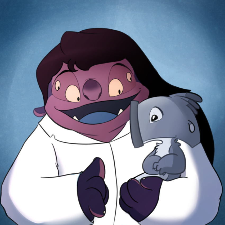 1:1 2021 4_eyes 4_fingers alien antennae_(anatomy) blue_background blue_tongue brown_hair carrying chest_tuft clothed clothing coat digital_drawing_(artwork) digital_media_(artwork) dipstick_antennae dipstick_ears disney duo experiment_(lilo_and_stitch) fingers fur grey_body grey_fur hair hammerface hi_res jumba_jookiba kweltikwan lab_coat lilo_and_stitch long_hair looking_aside looking_at_another male multi_eye multicolored_antennae multicolored_ears open_mouth open_smile purple_body purple_skin simple_background size_difference smile starryblast9 tongue topwear tuft yellow_sclera