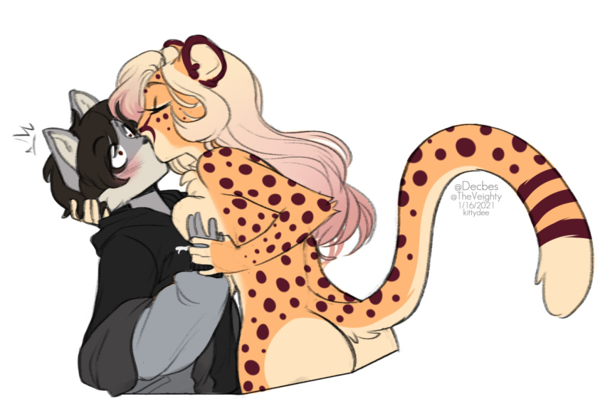 2021 alpha_channel black_hair cheetah digital_media_(artwork) duo eyebrows eyelashes felid feline female hair kissing kittydee male male/female mammal nude smile